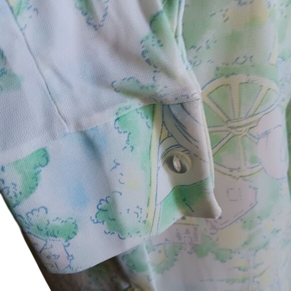 Small 32 Vintage 70's Sheer Nylon Disco Shirt Blouse Scenic Country Print Green - Picture 5 of 10